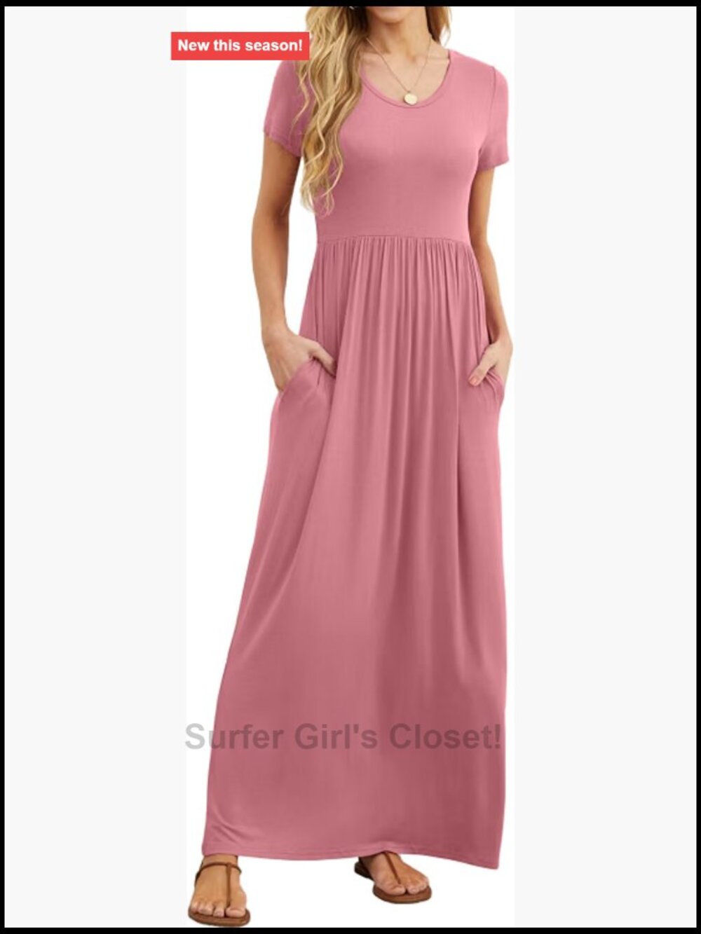 Casual Short Sleeve Maxi Dress with Pockets, Soft Rayon Spandex, Crew Neck
